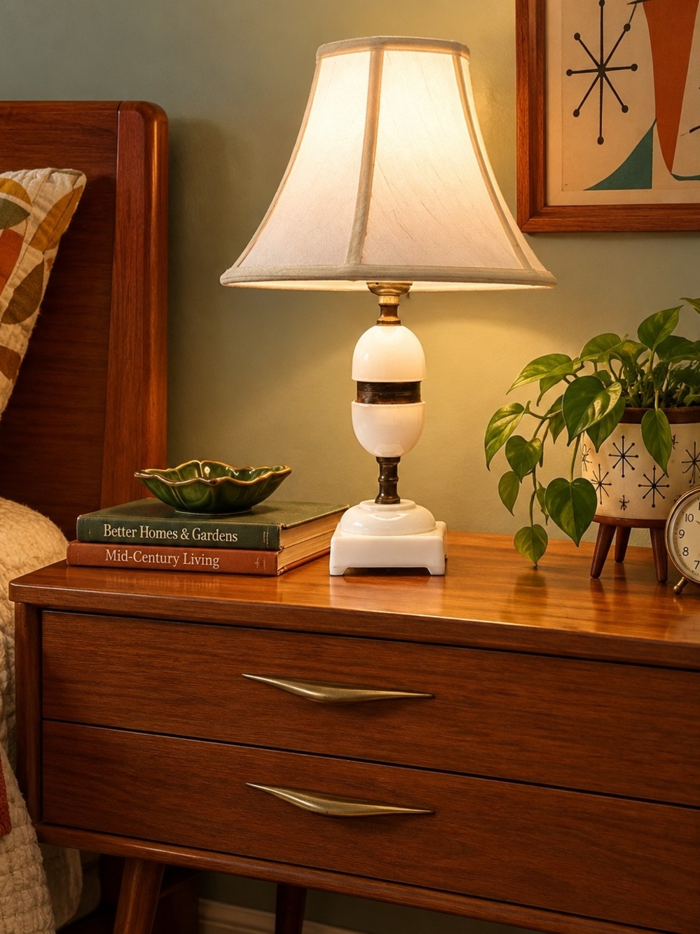 Vtg Houze Glass Moonstone White Slag Glass Table Lamp Brass works org. 1950s 10"